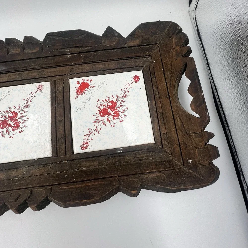 Vintage Hand Carved Mexican Folk Art Wood Serving Tray Ceramic Tiles 20 x 9 in